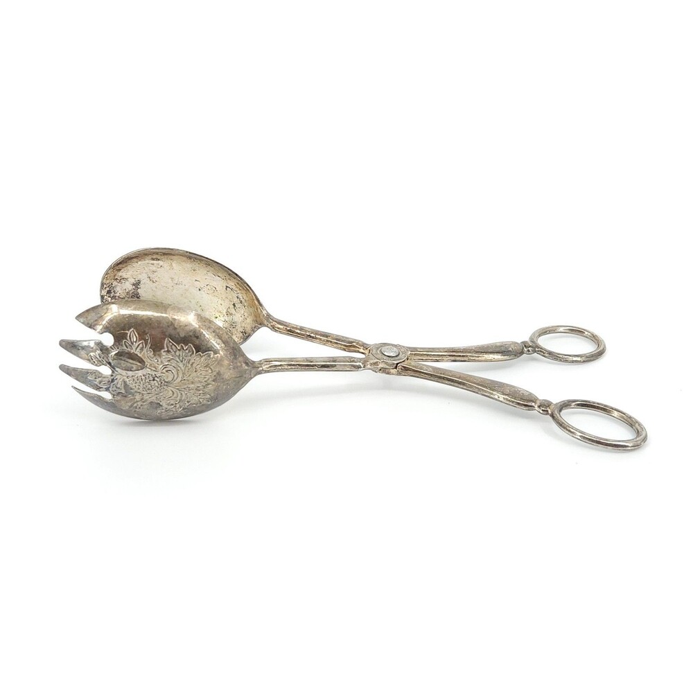 VTG Italy Silverplated Scissor Salad Tongs 8.5" EP Zinc Floral Serving Spoon